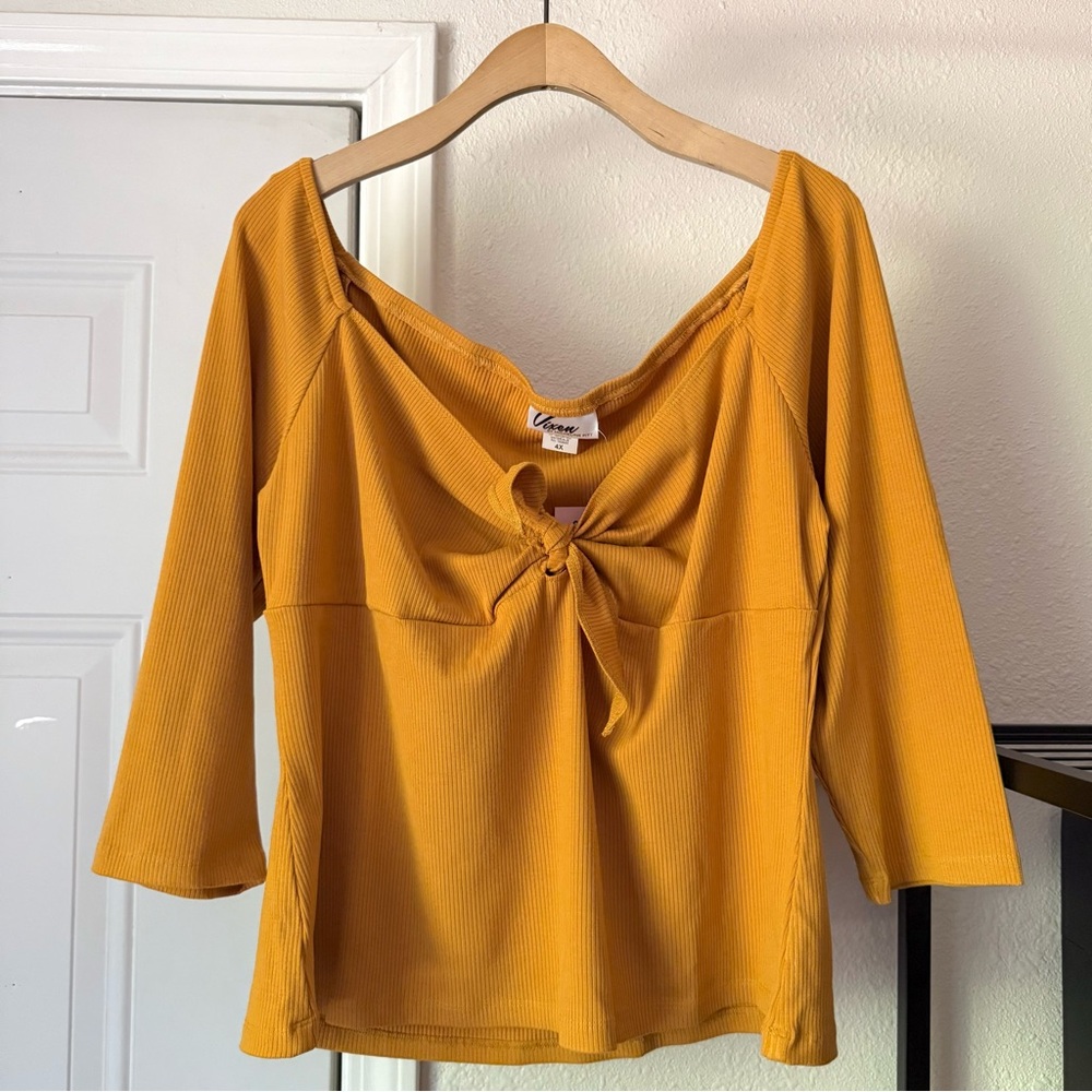 NWT VIXEN BY MICHELINE PITT mustard rib ribbed knit tie front‎ mod pinup retro
